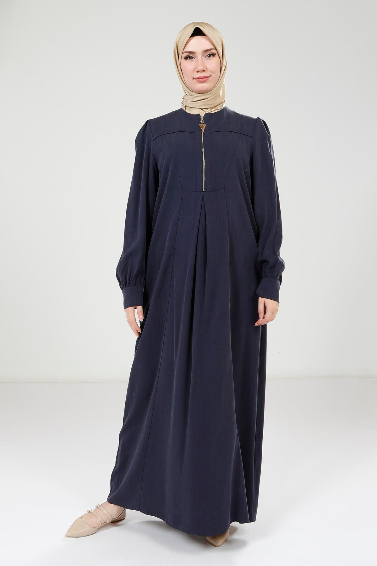 Navy Blue Dress with a White Collar and Zipper