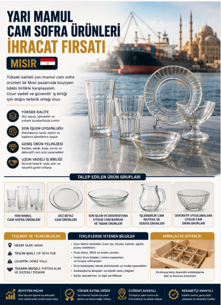 SEMI-FINISHED GLASS TABLEWARE EXPORT OPPORTUNITY TO EGYPT