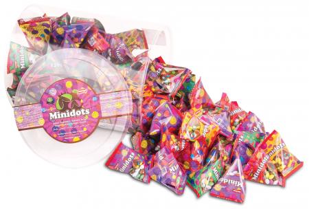 Sugar-coated cocoa chocolate dragees presented in a pyramid-shaped package