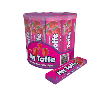 Soft, chewy strawberry-flavored toffee presented in a clear acetate box