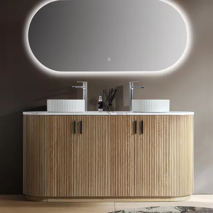 Revel Ribbed Natural Oak Floor Standing Vanity Unit & Marble Worktop with 2 Tap Holes 1600mm