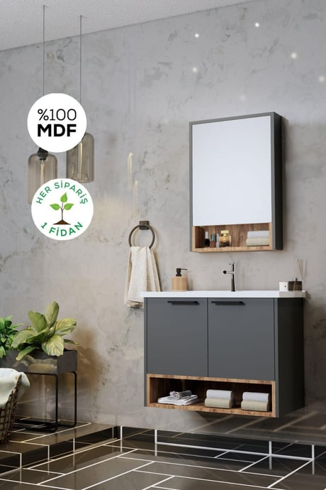 Balneom Bathroom Carnation 65 cm Anthracite Sink Bathroom Cabinet Mirrored Upper Cabinet