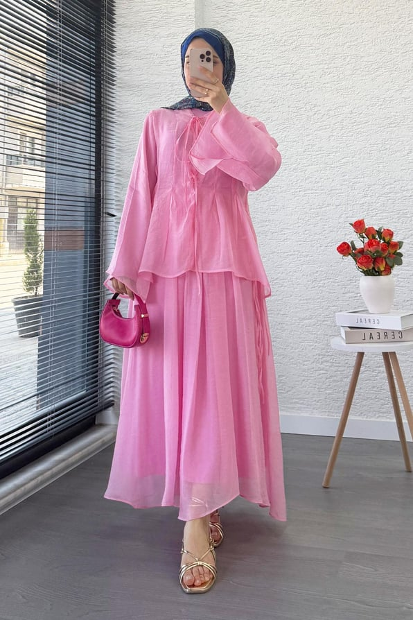 Leona Knitted Collar Detailed Voile Suit - Pink
