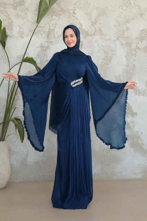 Kumru Stone Detail Evening Dress - Navy Blue