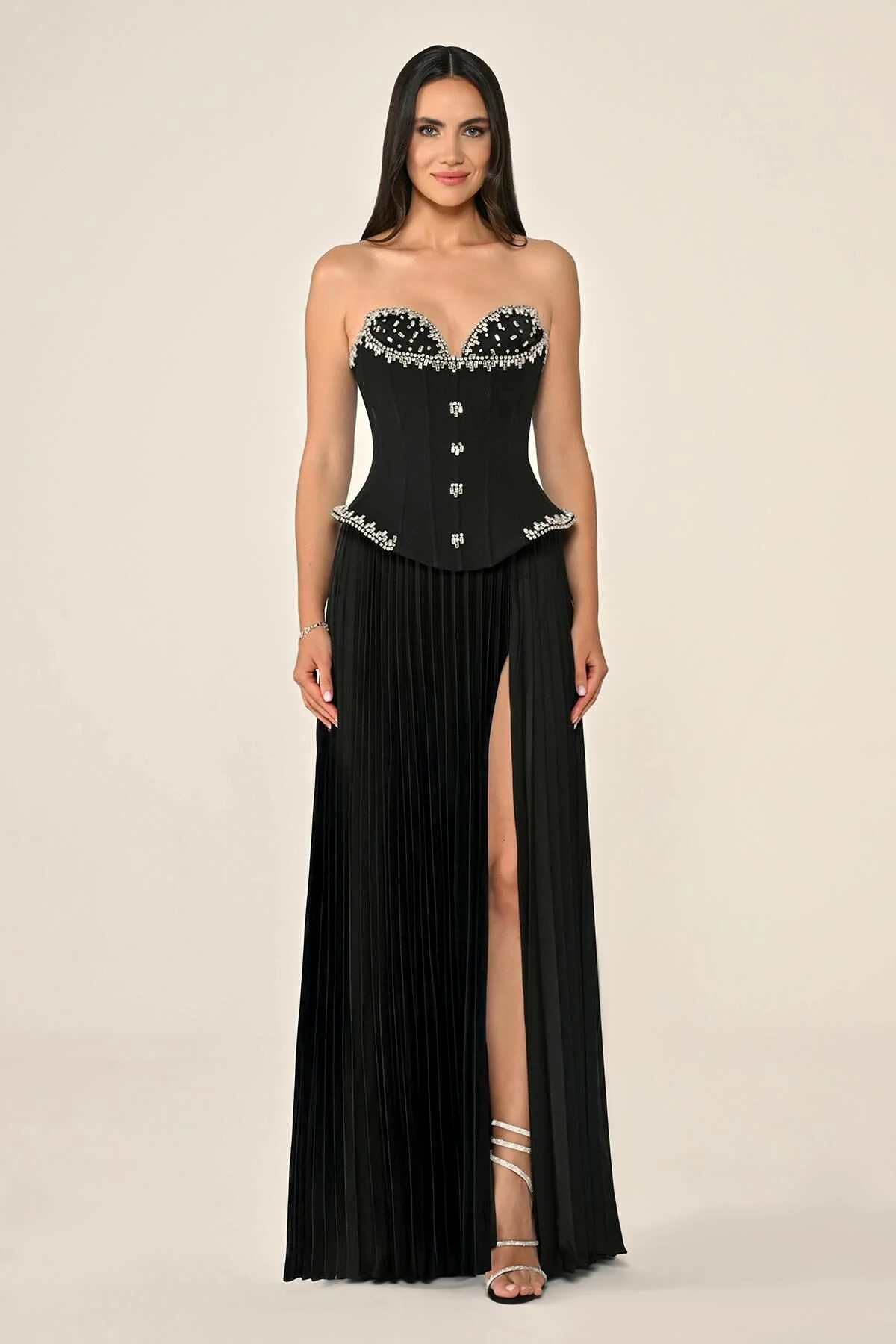 Strapless Stoned Top Crepe Skirt Satin Pleated Long Dress