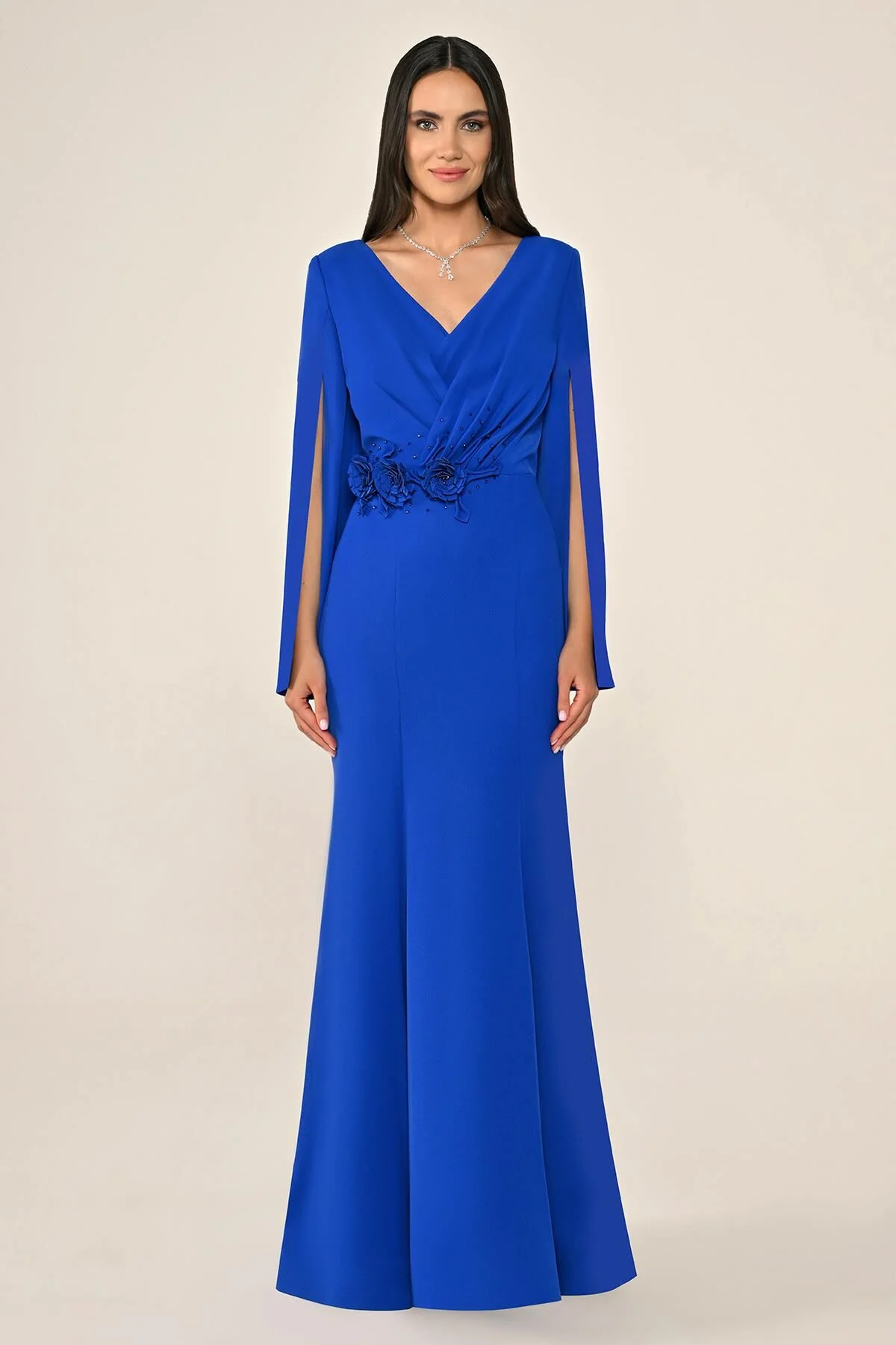 V-Necked Waist Floral Accessory Crepe Long Dress