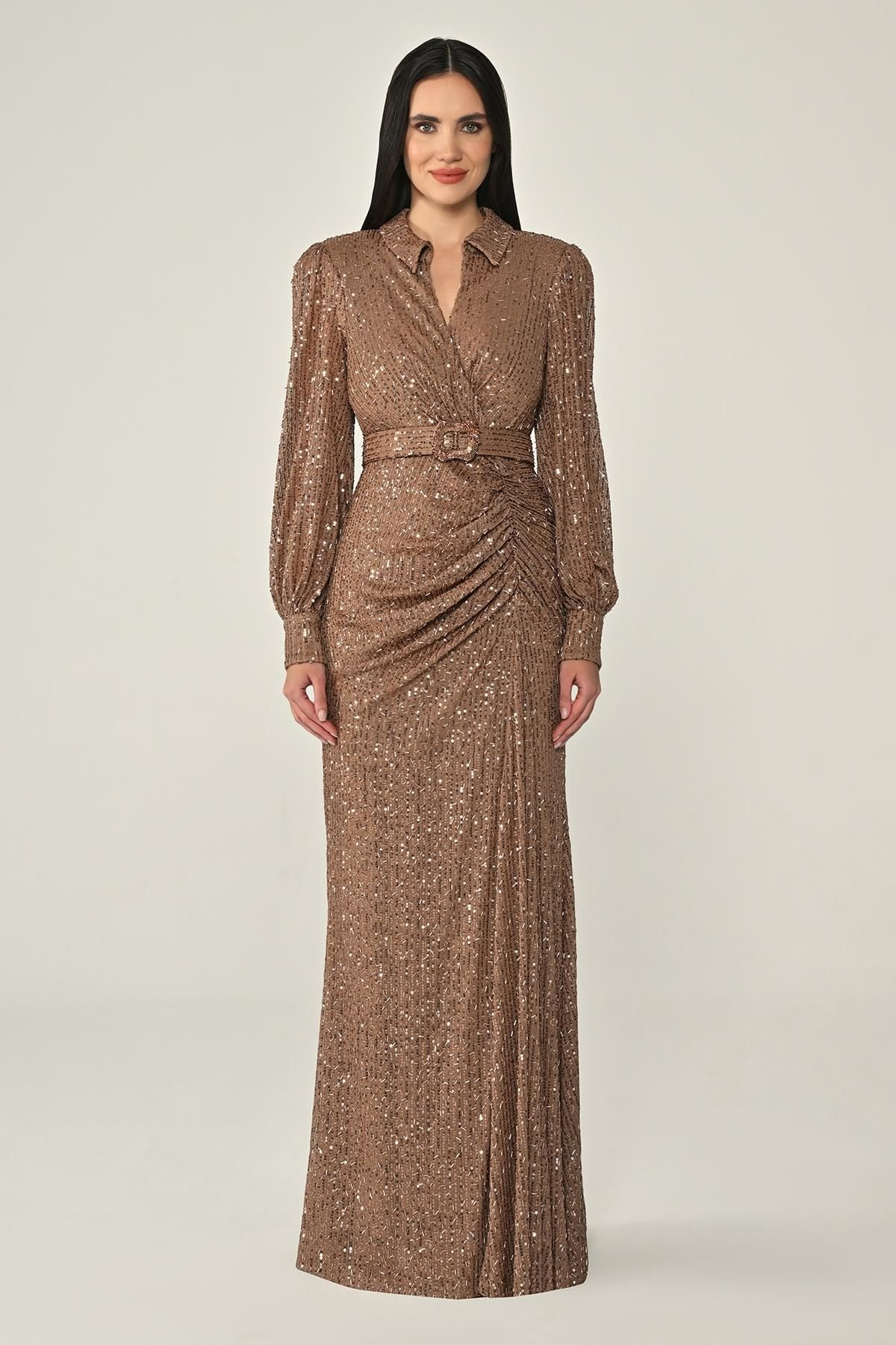 Collared Long Sleeve Belted Sequin Long Dress