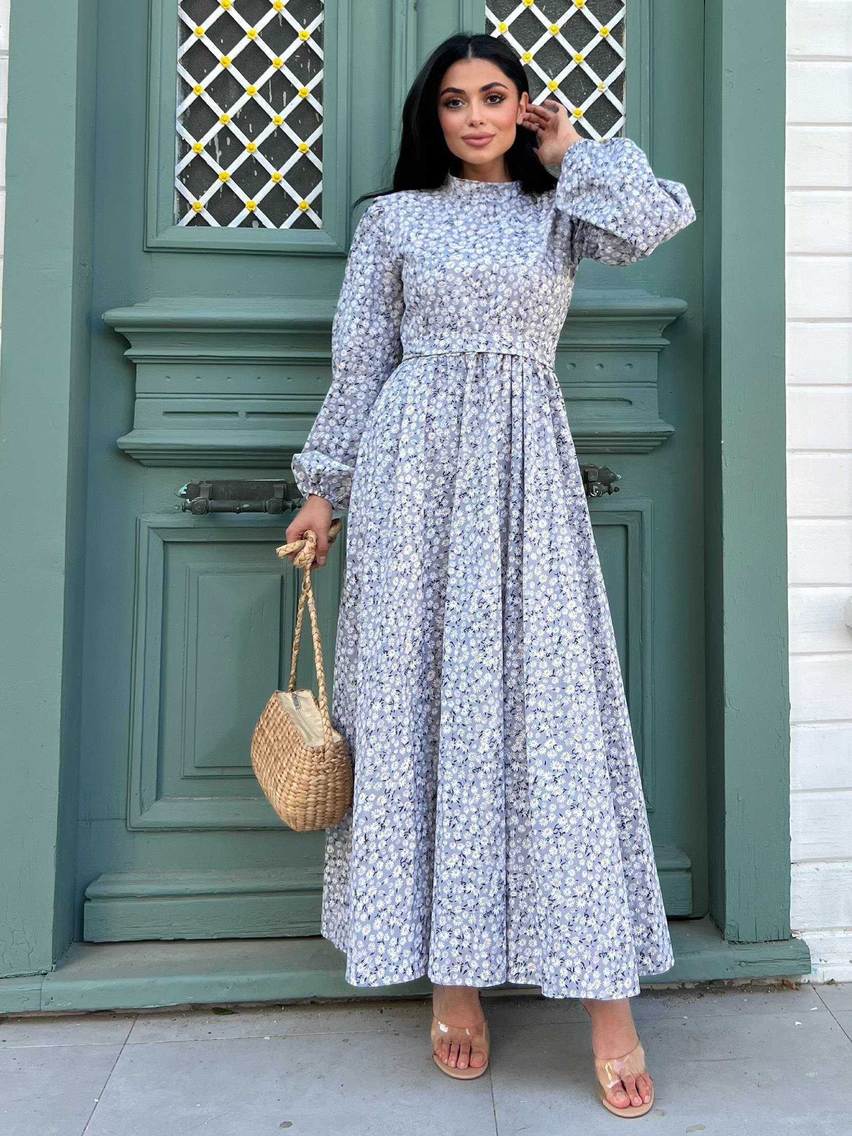 Modest Gray Daisy Poplin Flared Dress