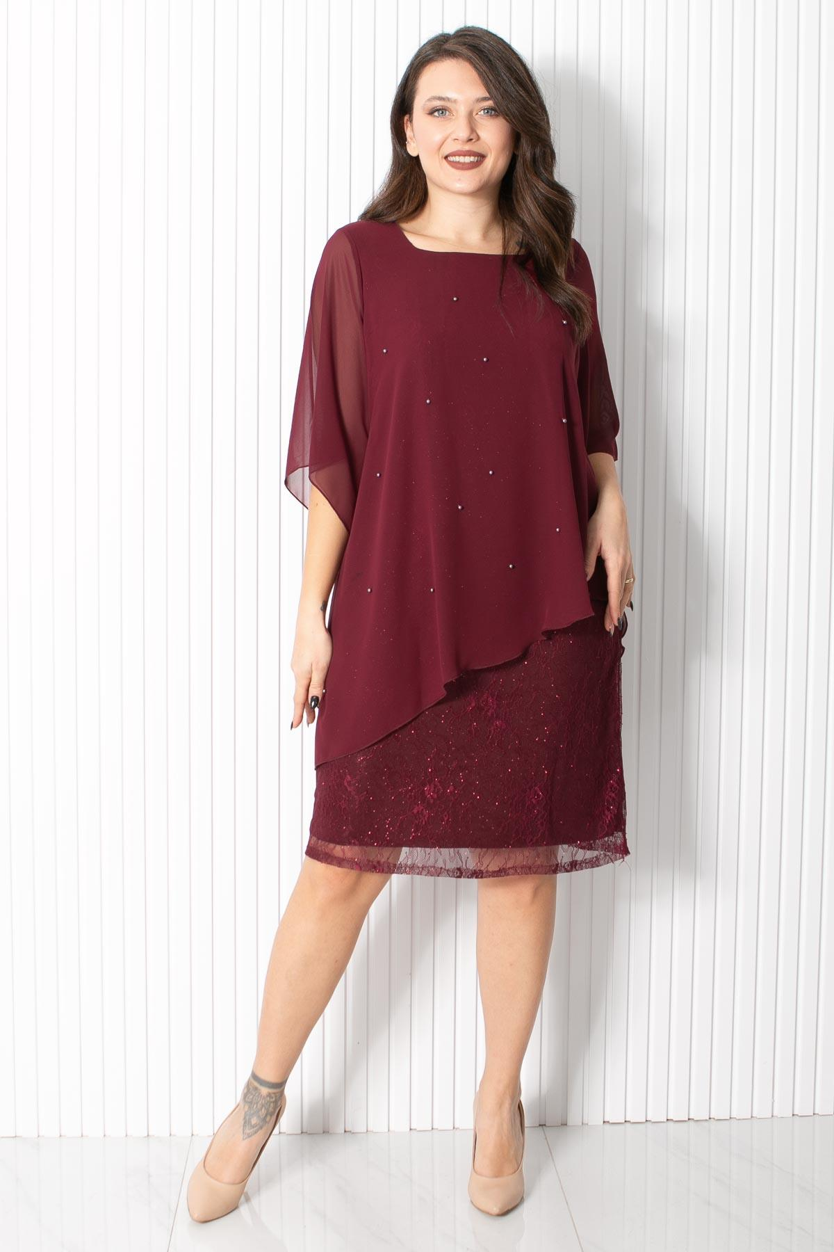 Pearl Chiffon Evening Dress Burgundy