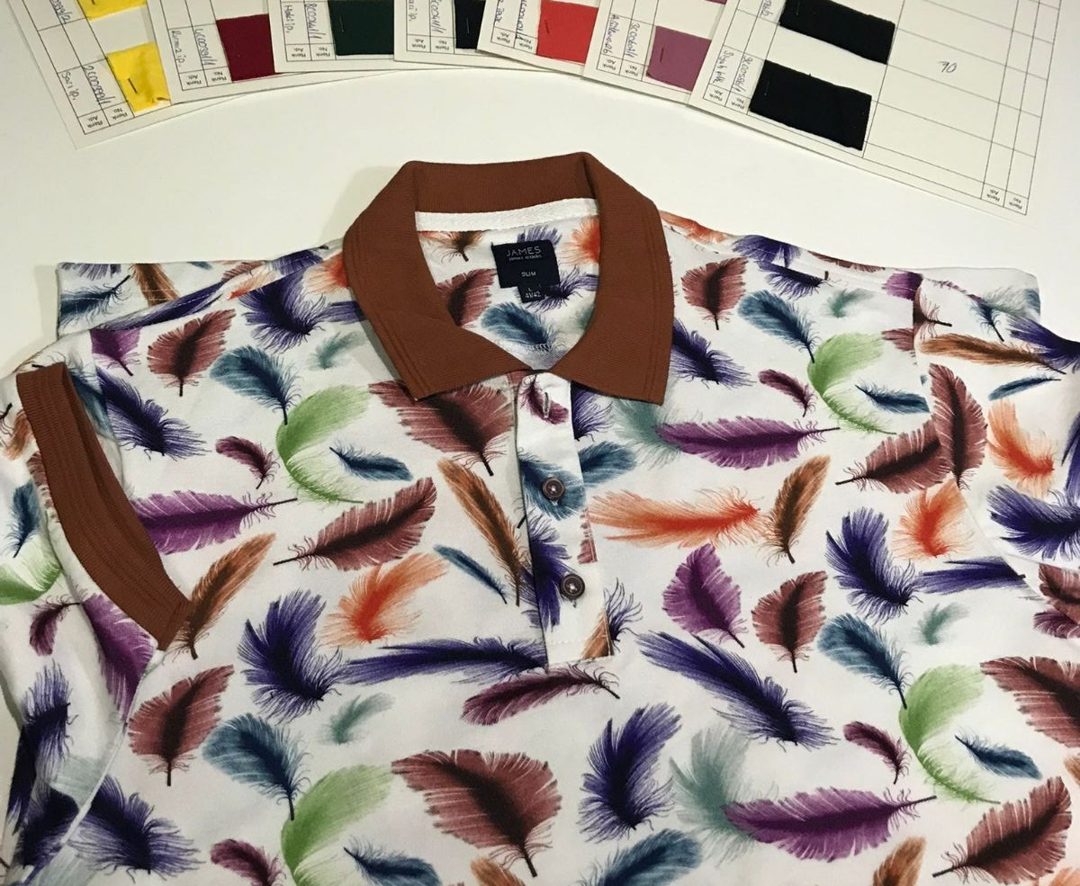 Men’s Shirt with Colorful Feather Print and Brown Collar