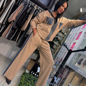 Women’s Beige Casual Set with Denim-Pocket Jacket and Wide-Leg Side-Striped Pants