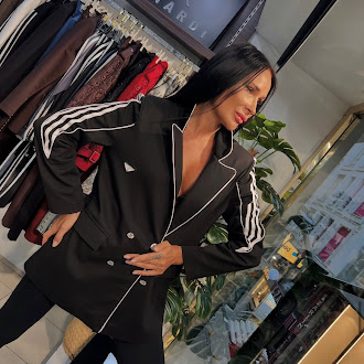 Women’s Black Blazer with White Side Stripes and Double-Breasted Design
